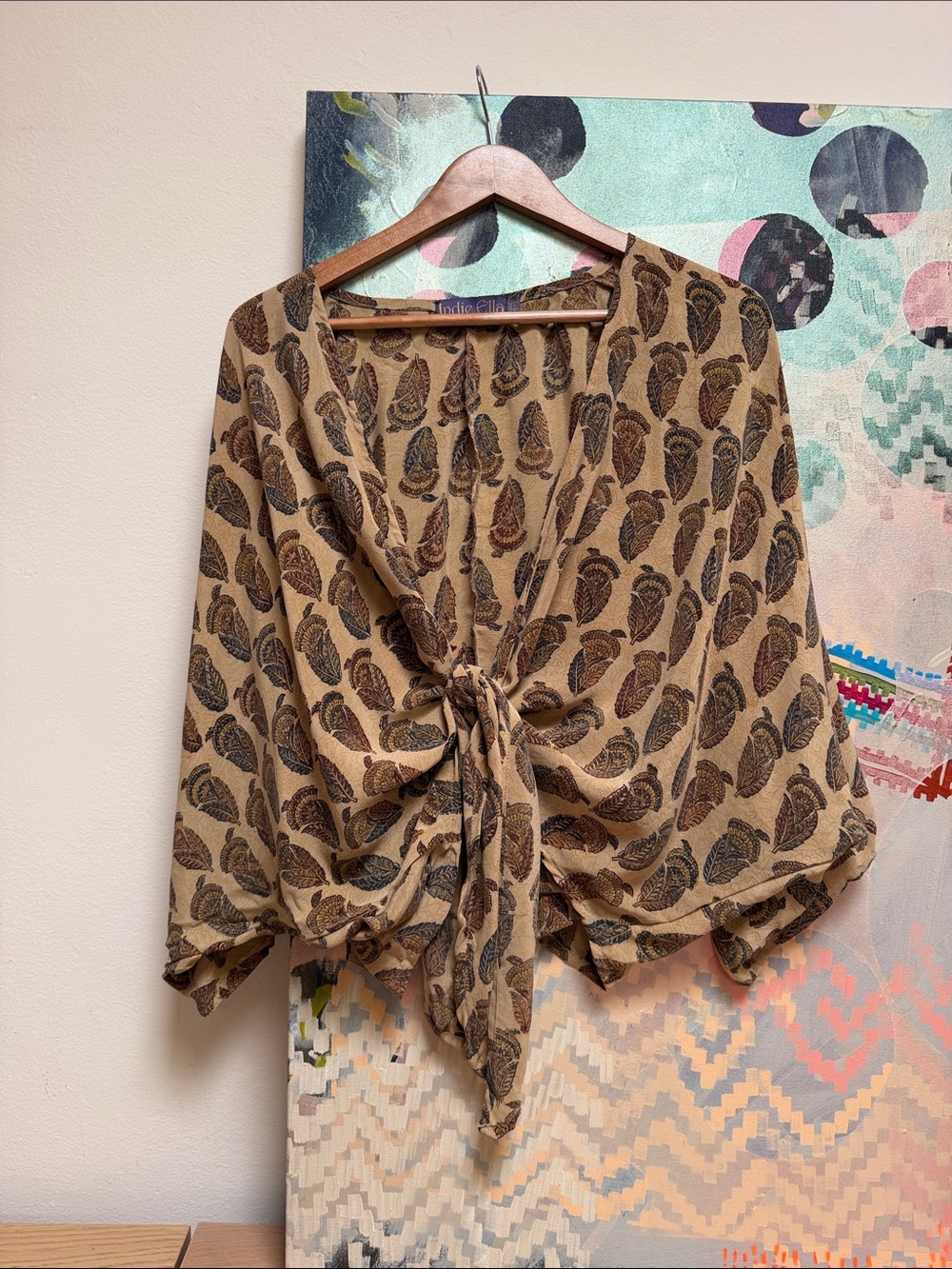 Indie Ella Silk OS Kimono Top front tie beige and tan feather pattern
